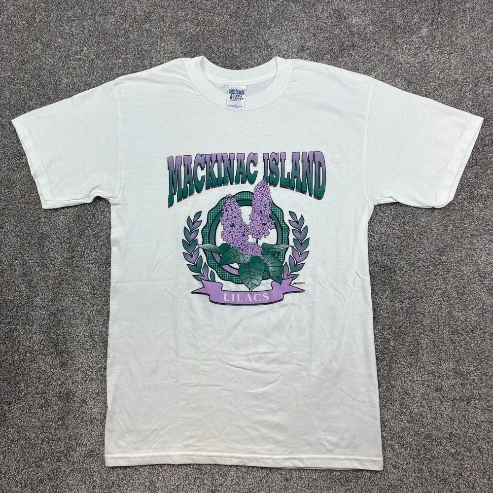 Vintage Mackinac Island Lilacs Shirt Mens M White Spring Flowers Purple Floral
